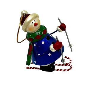 Metal Skiing Snowman Ornament, Blue 3" Candy Cane Skis Scarf Ha Dot Coat
